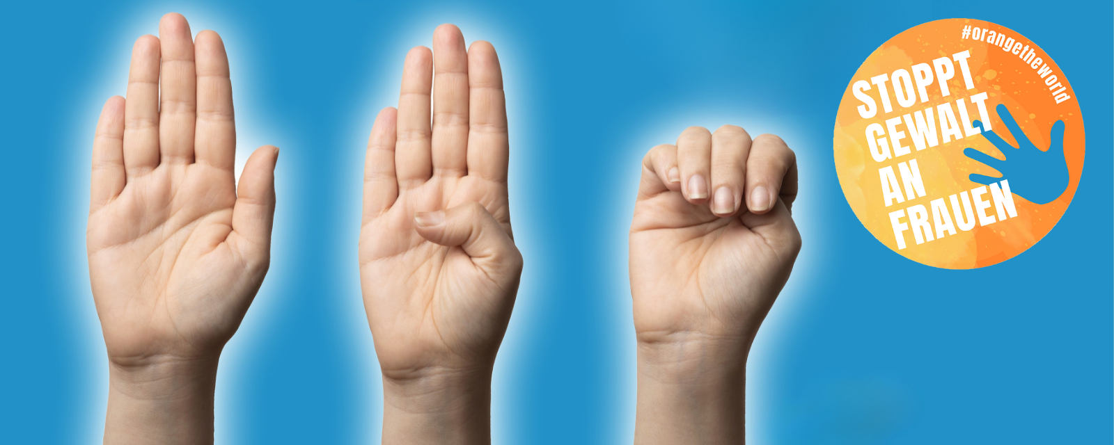 Handzeichen für Stiller Alarm. Offene Hand - Daumen nach innen - Faust machen