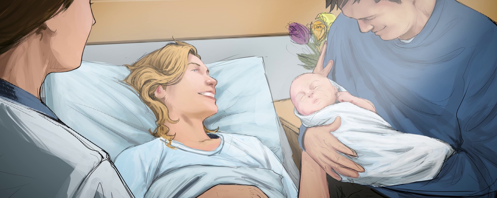 Pflegerin steht vor Mutter und Vater mit Neugeborenem