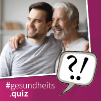 Ein jüngerer und ein älterer Mann umarmen sich, unten befindet sich der Text "#gesundheits.quiz"