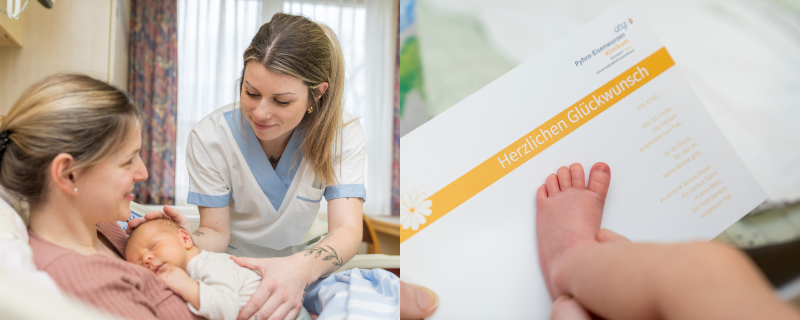 Collage Mama mit Baby und Babyfuß beim Fußabdruck